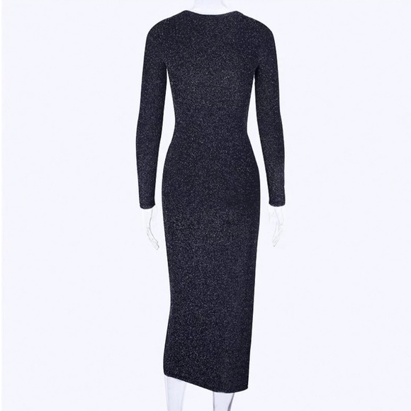 Shiny Black Glitter Bodycon Dress with Side Slit - Picture 6 of 8